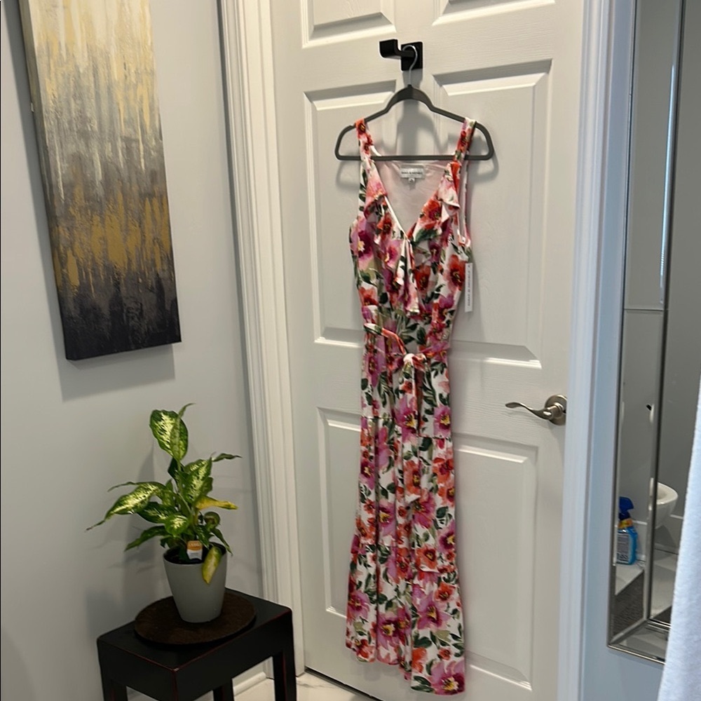 Emma & Michele Red and White Tie Front Ruched Maxi Dress